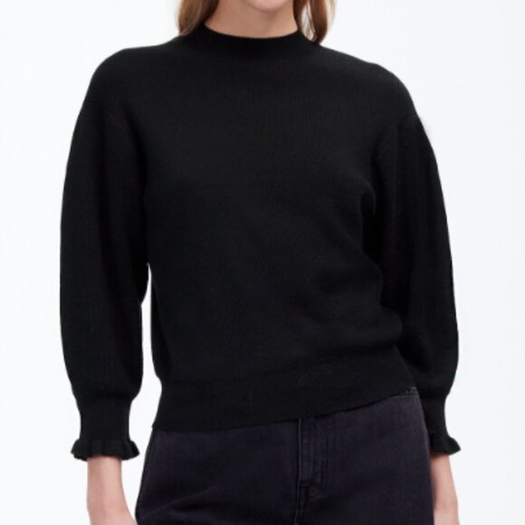 Madewell‎ Sweater Womens Merino Wool Ruffle Puff Sleeve Mockneck Black Size M - Picture 1 of 9